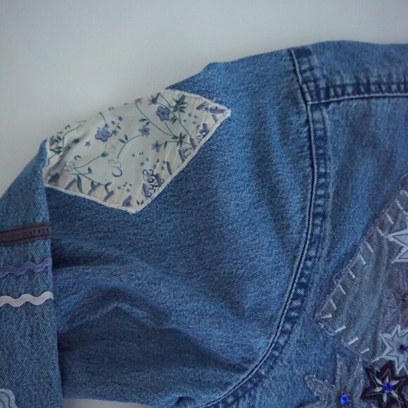 Vintage Keren Hart Blue Patchwork Button Up Lightweight Denim Jacket Xl - Picture 11 of 13